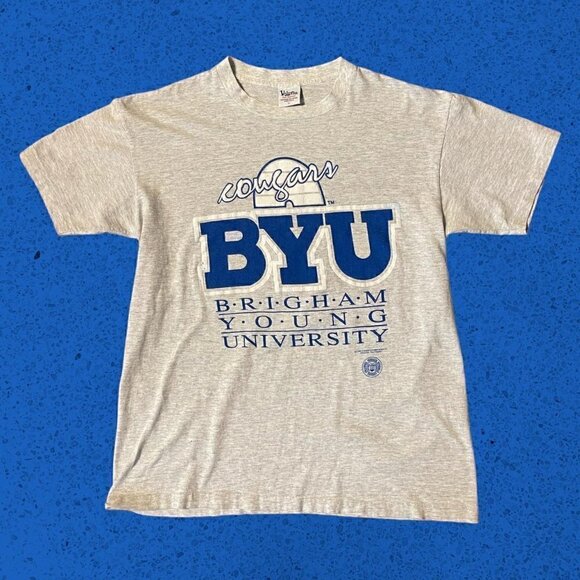 Vintage SINGLE STITCH BYU Cougars NCAA college t shirt gray blue rare grail L - Picture 2 of 9